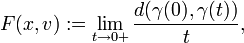 F(x,v) := \lim_{t\to 0+} \frac{d(\gamma(0),\gamma(t))}{t},