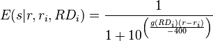 E(s|r,r_i,RD_i) = \frac{1}{1+10^{\left(\frac{g(RD_i)(r-r_i)}{-400}\right)}}