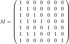 M = \left(
\begin{array}{ccccccc}
 1 & 0 & 0 & 0 & 0 & 0 & 0 \\
 1 & 1 & 0 & 0 & 0 & 0 & 0 \\
 1 & 0 & 1 & 0 & 0 & 0 & 0 \\
 1 & 1 & 0 & 1 & 0 & 0 & 0 \\
 1 & 0 & 0 & 0 & 1 & 0 & 0 \\
 1 & 1 & 1 & 0 & 0 & 1 & 0 \\
 1 & 0 & 0 & 0 & 0 & 0 & 1
\end{array}
\right)