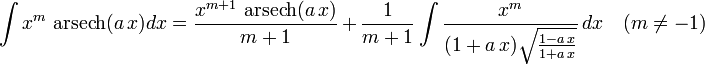\int x^m\,\operatorname{arsech}(a\,x)dx=
  \frac{x^{m+1}\,\operatorname{arsech}(a\,x)}{m+1}\,+\,
  \frac{1}{m+1}\int\frac{x^m}{(1+a\,x)\sqrt{\frac{1-a\,x}{1+a\,x}}}\,dx\quad(m\ne-1)