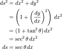 
\begin{align}
ds^2 & = dx^2 + dy^2 \\
 \   & = \left ( 1 + \left ( \frac{dy}{dx} \right ) ^2 \right ) \,dx^2 \\
 \   & = ( 1 + \tan^2 \theta )\, dx^2 \\
 \   & = \sec^2 \theta \,dx^2 \\
 ds  & =  \sec \theta \,dx
\end{align}
