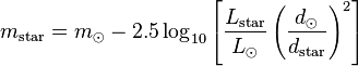 m_{\rm star}=m_\odot-2.5\log_{10}\left[\frac{L_{\rm star}}{L_\odot}\left(\frac{d_\odot}{d_{\rm star}}\right)^2\right]