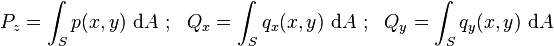 
  P_z = \int_S p(x,y)~ \mathrm{d}A ~;~~ Q_x = \int_S q_x(x,y)~ \mathrm{d}A ~;~~ Q_y = \int_S q_y(x,y)~ \mathrm{d}A
 