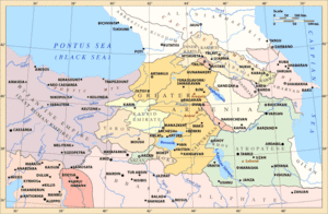 Map of the southern Caucasus and the area of eastern Turkey and northern Iraq and Syria. Greater Armenia in the center with minor Caucasian principalities to its northeast, the Byzantines to the west and the Abbasid caliphate to the south and east.