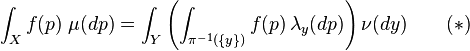  \int_X f(p)\;\mu(dp)= \int_Y \left(\int_{\pi^{-1}(\{y\})}f(p)\,\lambda_y(dp)\right) \nu(dy) \qquad (*)