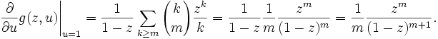  \frac{\partial}{\partial u} g(z, u) \Bigg|_{u=1} = 
\frac{1}{1-z} \sum_{k\ge m} {k \choose m} \frac{z^k}{k} =
\frac{1}{1-z} \frac{1}{m} \frac{z^m}{(1-z)^m} =
\frac{1}{m} \frac{z^m}{(1-z)^{m+1}}.