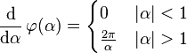 \frac{\mathrm{d}}{\mathrm{d}\alpha}\,\varphi(\alpha)= \begin{cases} 0 & |\alpha| < 1 \\ \frac{2\pi}{\alpha} & |\alpha| > 1 \end{cases}