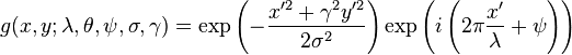 g(x,y;\lambda,\theta,\psi,\sigma,\gamma) = \exp\left(-\frac{x'^2+\gamma^2y'^2}{2\sigma^2}\right)\exp\left(i\left(2\pi\frac{x'}{\lambda}+\psi\right)\right)