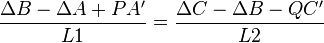 \dfrac{\Delta B - \Delta A + PA'}{L1} = \dfrac{\Delta C - \Delta B - QC'}{L2}