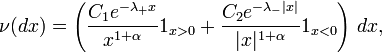 \nu(dx) = \left( \frac{C_1e^{-\lambda_+x}}{x^{1+\alpha}}1_{x>0} +
\frac{C_2e^{-\lambda_-|x|}}{|x|^{1+\alpha}}1_{x<0}\right) \, dx,
