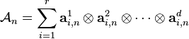  \mathcal{A}_n = \sum_{i=1}^r \mathbf{a}^1_{i,n} \otimes \mathbf{a}^2_{i,n} \otimes \cdots \otimes \mathbf{a}^d_{i,n} 