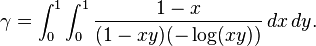 \gamma=\int_0^1\int_0^1\frac{1-x}{(1-xy)(-\log(xy))}\,dx\,dy.