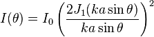 I(\theta) = I_0 \left ( \frac{2 J_1(ka \sin \theta)}{ka \sin \theta} \right )^2