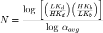 \ N = \frac{\log \, \bigg[ \Big(\frac{LK_d}{HK_d}\Big)\Big(\frac{HK_b}{LK_b} \Big) \bigg]}{\log \, \alpha_{avg}} 