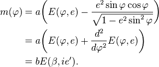 
\begin{align}
m(\varphi) &= a\biggl(E(\varphi,e)-\frac{e^2\sin\varphi\cos\varphi}{\sqrt{1-e^2\sin^2\varphi}}\biggr) \\
&= a\biggl(E(\varphi,e)+\frac{d^2}{d\varphi^2}E(\varphi,e)\biggr) \\
&= b E(\beta, ie').
\end{align}
