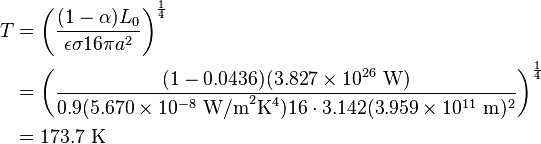 \begin{align}
T & = \left ( \frac{(1 - \alpha) L_0}{\epsilon \sigma 16 \pi a^2} \right )^{\frac{1}{4}} \\
  & = \left ( \frac{(1 - 0.0436) (3.827 \times 10^{26}\ \mbox{W})} {0.9 (5.670 \times 10^{-8}\ \mbox{W/m}^2\mbox{K}^4) 16 \cdot 3.142 (3.959 \times 10^{11}\ \mbox{m})^2} \right )^{\frac{1}{4}} \\
  & = 173.7\ \mbox{K}
\end{align}