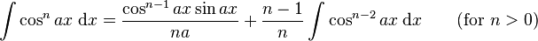 \int\cos^n ax\;\mathrm{d}x = \frac{\cos^{n-1} ax\sin ax}{na} + \frac{n-1}{n}\int\cos^{n-2} ax\;\mathrm{d}x \qquad\mbox{(for }n>0\mbox{)}\,\!