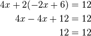 \begin{align}4x + 2(-2x + 6) = 12 \\
4x - 4x + 12 = 12 \\
12 = 12 \end{align}