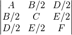 \begin{vmatrix} A & B/2 & D/2\\B/2 & C & E/2\\D/2 & E/2 & F \end{vmatrix}