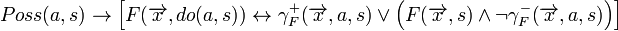 
Poss(a,s)\rightarrow\left[F(\overrightarrow{x},do(a,s))\leftrightarrow\gamma_{F}^{+}(\overrightarrow{x},a,s)\vee\left(F(\overrightarrow{x},s)\wedge\neg\gamma_{F}^{-}(\overrightarrow{x},a,s)\right)\right]
