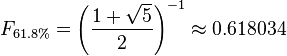 F_{61.8\%} = \left({\frac{1 + \sqrt{5}}{2}}\right)^{-1}  \approx 0.618034 \,
