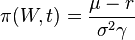 \pi(W,t) = \frac{\mu-r}{\sigma^2\gamma}