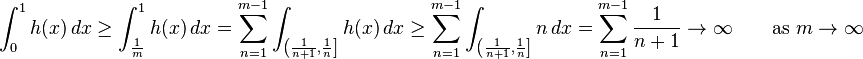 \int_0^1 h(x)\,dx \ge \int_{\frac{1}{m}}^1{h(x)\,dx} = \sum_{n=1}^{m-1} \int_{\left(\frac{1}{n+1},\frac{1}{n}\right]}{h(x)\,dx} \ge \sum_{n=1}^{m-1} \int_{\left(\frac{1}{n+1},\frac{1}{n}\right]}{n\,dx}=\sum_{n=1}^{m-1} \frac{1}{n+1} \to \infty \qquad \text{as }m\to\infty  