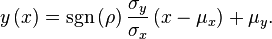 
    y\left( x \right) = {\mathop{\rm sgn}} \left( {{\rho }} \right)\frac{{{\sigma _y}}}{{{\sigma _x}}}\left( {x - {\mu _x}} \right) + {\mu _y}.
  