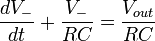 \frac{dV_-}{dt}+\frac{V_-}{RC}=\frac{V_{out}}{RC}