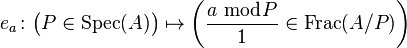 e_a \colon \bigl(P \in \operatorname{Spec}(A)\bigr) \mapsto \left(\frac{a \; \bmod P}{1} \in \operatorname{Frac}(A/P)\right)