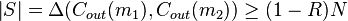 \left| S \right| = \Delta(C_{out}(m_1),C_{out}(m_2)) \ge (1-R)N