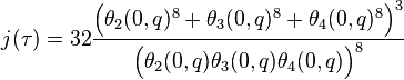 j(\tau)=32\frac{\Big(\theta_2(0,q)^8+\theta_3(0,q)^8+\theta_4(0,q)^8\Big)^3}{\Big(\theta_2(0,q)\theta_3(0,q)\theta_4(0,q)\Big)^8}