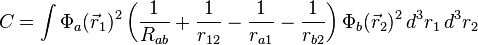  C = \int \Phi_a(\vec r_1)^2 \left(\frac{1}{R_{ab}} + \frac{1}{r_{12}} - \frac{1}{r_{a1}} - \frac{1}{r_{b2}}\right) \Phi_b(\vec r_2)^2 \, d^3r_1\, d^3r_2