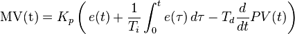 \mathrm{MV(t)}=K_p\left(\,{e(t)} + \frac{1}{T_i}\int_{0}^{t}{e(\tau)}\,{d\tau} - T_d\frac{d}{dt}PV(t)\right)