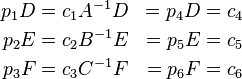 \begin{align}
p_1 D &= c_1 A^{-1}D &= p_4 D &= c_4 \\
p_2 E &= c_2 B^{-1}E &= p_5 E &= c_5 \\
p_3 F &= c_3 C^{-1}F &= p_6 F &= c_6 \\
\end{align}