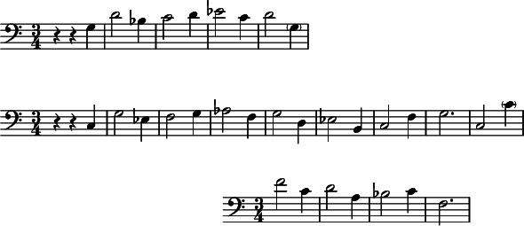 
 \header {
     tagline = ##f
 }

 \score {
  \relative c' {
    \clef "bass"
    \time 3/4
    r4 r4 g d'2 bes4 c2 d4 es2 c4 d2 \parenthesize g,4
  }
   \layout {}
   \midi {}
 }

 \score {
   \new Staff  \relative c {
    \clef "bass"
    \time 3/4
    r4 r4 c g'2 es4 f2 g4 as2 f4 g2 d4 es2 b4 c2 f4 g2. c, 2 \parenthesize c'4
  }
   \layout {}
   \midi {}
 }

 \score {
   \new Staff  \relative c' {
    \clef "bass"
    \time 3/4
    f2 c4 d2 a4  bes2 c4 f,2.
}
  \layout {
    indent = 7.8\cm
  }
   \midi {}
 }
