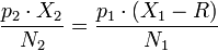 \frac{p_2 \cdot X_2}{N_2} = \frac{p_1 \cdot (X_1-R)}{N_1} \,