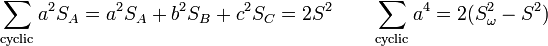  \sum_\text{cyclic} a^2S_A = a^2S_A + b^2S_B + c^2 S_C = 2S^2 \quad\quad \sum_\text{cyclic} a^4 = 2(S_\omega^2-S^2) \, 