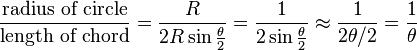 \frac{\text{radius of circle}}{\text{length of chord}}=\frac{R}{2R\sin\frac{\theta}{2}}=\frac{1}{2\sin\frac{\theta}{2}} \approx \frac{1}{2 \theta / 2} = \frac{1}{\theta}