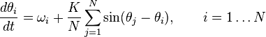  \frac{d \theta_i}{d t} = \omega_i + \frac{K}{N} \sum_{j=1}^{N} \sin(\theta_j - \theta_i), \qquad i = 1 \ldots N