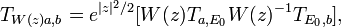 \displaystyle{T_{W(z)a,b}=e^{|z|^2/2} [W(z) T_{a,E_0}W(z)^{-1}T_{E_0,b}],}