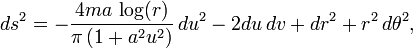  ds^2 = -\frac{4 m a \, \log(r)}{\pi \, (1+a^2 u^2)} \, du^2
- 2 du \, dv + dr^2 + r^2 \, d\theta^2, 