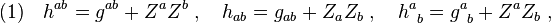 (1)\quad h^{ab}=g^{ab}+Z^a Z^b\;,\quad h_{ab}=g_{ab}+Z_a Z_b\;,\quad  h^a_{\;\;b}=g^a_{\;\;b}+Z^a Z_b\;, 