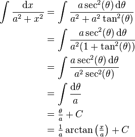 \begin{align}
\int\frac{\mathrm dx}{{a^2+x^2}} &= \int\frac{a\sec^2(\theta)\,\mathrm d\theta}{{a^2+a^2\tan^2(\theta)}} \\
&= \int\frac{a\sec^2(\theta)\,\mathrm d\theta}{{a^2(1+\tan^2(\theta))}} \\
&= \int \frac{a\sec^2(\theta)\,\mathrm d\theta}{{a^2\sec^2(\theta)}} \\
&= \int \frac{\mathrm d\theta}{a} \\
&= \tfrac{\theta}{a}+C \\
&= \tfrac{1}{a} \arctan \left(\tfrac{x}{a}\right)+C
\end{align}