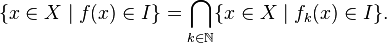 \{x\in X \mid f(x)\in I\} = \bigcap_{k\in \mathbb{N}} \{x\in X \mid f_k(x)\in I\}.