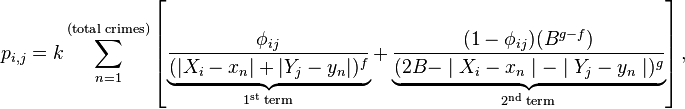 
p_{i,j} = k \sum_{n=1}^{(\mathrm{total\;crimes})} 
\left [

\underbrace{
\frac{\phi_{ij}}{
(|X_i-x_n| + |Y_j-y_n|)^f
}
}_{ 1^{\mathrm{st}}\mathrm{\;term} }
+ 

\underbrace{
\frac{(1-\phi_{ij})(B^{g-f})}{
(2B - \mid X_i - x_n \mid - \mid Y_j-y_n \mid)^g
}
}_{ 2^{\mathrm{nd}}\mathrm{\;term} }

\right ],

