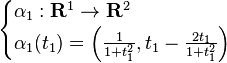 \begin{cases}
\alpha_1 : \mathbf{R}^1 \to \mathbf{R}^2 \\
\alpha_1(t_1)=\left(\frac{1}{1+t_1^2}, t_1 - \frac{2t_1}{1+t_1^2}\right)
\end{cases}