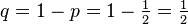 q = 1 - p = 1 - \tfrac{1}{2} = \tfrac{1}{2}