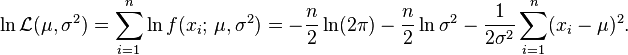 
   \ln\mathcal{L}(\mu,\sigma^2)
     = \sum_{i=1}^n \ln f(x_i;\,\mu,\sigma^2)
     = -\frac{n}{2}\ln(2\pi) - \frac{n}{2}\ln\sigma^2 - \frac{1}{2\sigma^2}\sum_{i=1}^n (x_i-\mu)^2.
  