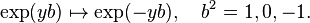 \exp(y b) \mapsto \exp(-y b), \quad b^2 = 1, 0, -1 .